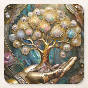 Dessous-de-verre Carré En Papier Main Robot D'Or Tenant Arbre De Vie D'Or