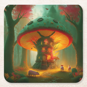 Dessous-de-verre Carré En Papier Maison de champignon fantastique avec des cochons