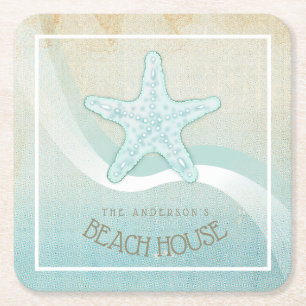Dessous-de-verre Carré En Papier Maison de plage Étoile de mer Aqua Bleu ID623