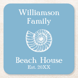 Dessous-de-verre Carré En Papier Maison de plage familiale personnalisée bleu coqui