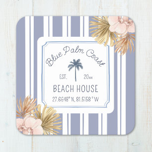 Dessous-de-verre Carré En Papier Maison de plage rayures bleues Côtière Boho Fermet