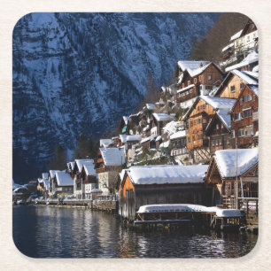 Dessous-de-verre Carré En Papier Maison en bois au bord du lac à Hallstatt, Autric