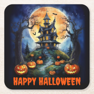 Dessous-de-verre Carré En Papier Maison hantée d'Halloween avec parti Citrouille