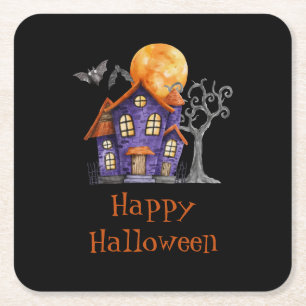 Dessous-de-verre Carré En Papier Maison hantée personnalisée Joyeux Halloween
