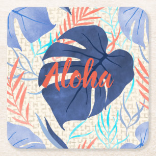 Dessous-de-verre Carré En Papier Maleah Monstera Tropical Hawaiian Watercolor- Blue