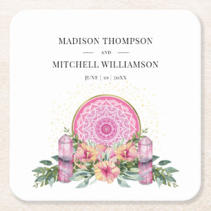 Dessous-de-verre Carré En Papier Mandala Métaphysique de Fleurs Roses pour Mariage