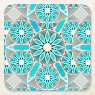 Dessous-de-verre Carré En Papier Mandala motif, turquoise, gris argenté et blanc