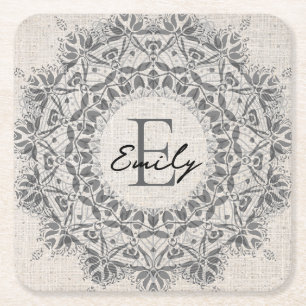 Dessous-de-verre Carré En Papier Mandala Nom personnalisé Monogramme Monochrome gri