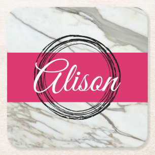 Dessous-de-verre Carré En Papier Marbre blanc et fuchsia rose girly ajouter le nom