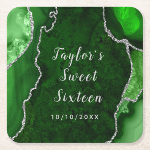 Dessous-de-verre Carré En Papier Marbre d'agate vert et argent pour Sweet Sixteen