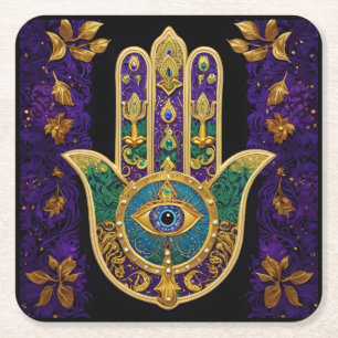 Dessous-de-verre Carré En Papier Mardi Gras Gold violet vert Hamsas Art