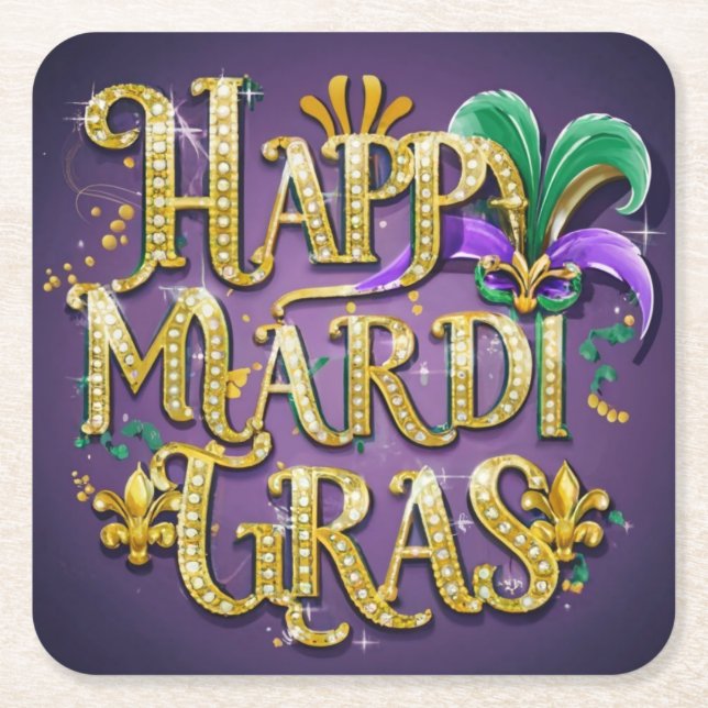 Dessous-de-verre Carré En Papier Mardi Gras Violet "Joyeux Mardi Gras" (Devant)