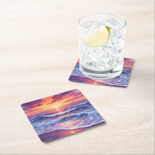 Dessous-de-verre Carré En Papier Marée Violette   Vagues de l'océan au coucher de s