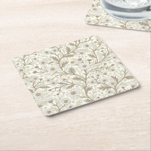 Dessous-de-verre Carré En Papier Marguerites en blanc et marron sur fond blanc cass