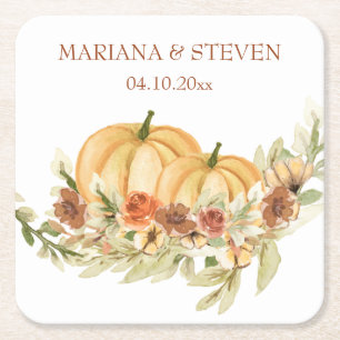 Dessous-de-verre Carré En Papier Mariage à la citrouille automne à l'aquarelle rust