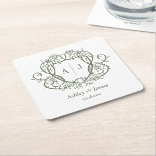 Dessous-de-verre Carré En Papier Mariage à la Crête de Monogramme de Sauge Rose Ram