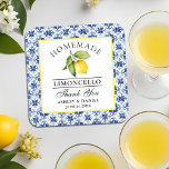 Dessous-de-verre Carré En Papier Mariage à l'eau citron bleu carrelage Limoncello a<br><div class="desc">Élégants dessous de verre de remerciement de mariage Limoncello fait maison à l'aquarelle de citron sur carrelage bleu</div>