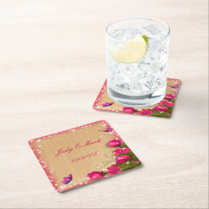 Dessous-de-verre Carré En Papier Mariage à papillon rose bois rustique