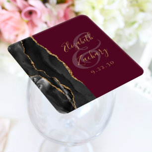 Dessous-de-verre Carré En Papier Mariage Agate Géode Écriture Noir Or Bourgogne