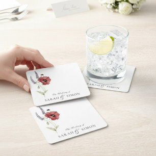 Dessous-de-verre Carré En Papier Mariage aquarelle florale abeille lavande coquelic