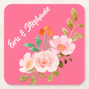 Dessous-de-verre Carré En Papier Mariage aquarelle florale orange rose