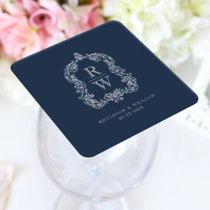 Dessous-de-verre Carré En Papier Mariage Armoiries Monogramme Vintage Bleu Marine N