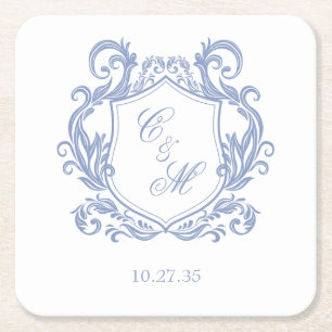 Dessous-de-verre Carré En Papier Mariage au Blason de Monogramme Bleu Poussiéreux É