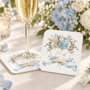 Dessous-de-verre Carré En Papier Mariage au Blason de Monogramme Floral Bleu França
