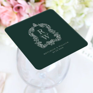 Dessous-de-verre Carré En Papier Mariage au Vert de la Forêt avec Blason de Monogra