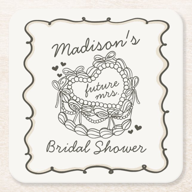 Dessous-de-verre Carré En Papier Mariage Beige Retro Coquette Gâteau à thème coeur  (Devant)