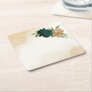 Dessous-de-verre Carré En Papier Mariage botanique vert émeraude beige or