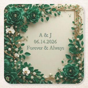 Dessous-de-verre Carré En Papier Mariage botanique vert petites fleurs blanches