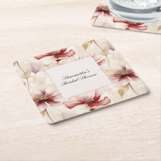 Dessous-de-verre Carré En Papier Mariage Burgundy Crème Floral Shower (Incliné)