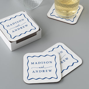 Dessous-de-verre Carré En Papier Mariage Cadre Moderne Bleu Ondulé