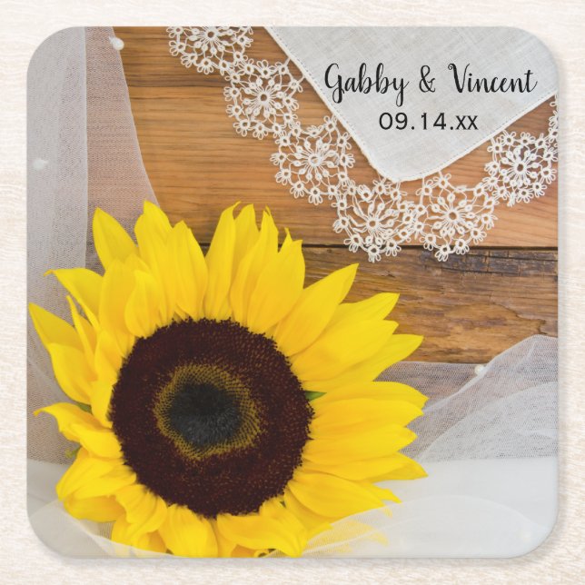 Dessous-de-verre Carré En Papier Mariage campagnard rustique de tournesol et dentel (Devant)