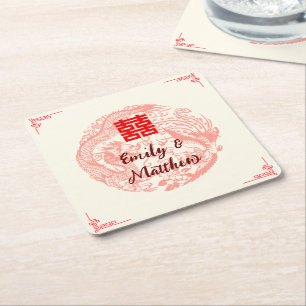 Dessous-de-verre Carré En Papier Mariage chinois beige rouge Dragon et Phoenix