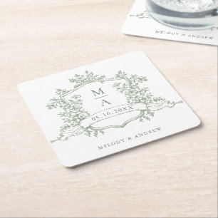 Dessous-de-verre Carré En Papier Mariage Classique Monogrammes de Crête Florale Ver