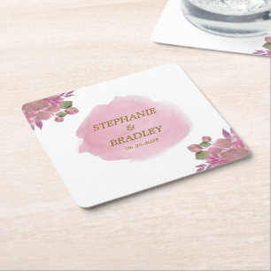 Dessous-de-verre Carré En Papier Mariage d'Aquarelle Florale moderne rose or