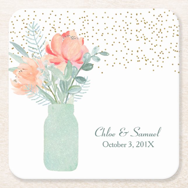 Dessous-de-verre Carré En Papier Mariage de bocal Mason en verre dépoli (Devant)