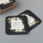 Dessous-de-verre Carré En Papier Mariage de cadre floral en ivoire "Cheval to Love"<br><div class="desc">Notre collection de fleurs d'ivoire à mariage florale présente une verdure d'aquarelle délicatement peinte, des feuilles d'eucalyptus, un feuillage botanique vert et des fleurs de pivoines blanches et d'ivoire. "Cheers to love" apparaît en lettrage classique avec accents de script de calligraphie. Personnalisez ces dessous de verre personnalisés avec vos initiales...</div>