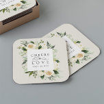 Dessous-de-verre Carré En Papier Mariage de cadre floral en ivoire "Cheval to Love"<br><div class="desc">Notre collection de fleurs d'ivoire à mariage florale présente une verdure d'aquarelle délicatement peinte, des feuilles d'eucalyptus, un feuillage botanique vert et des fleurs de pivoines blanches et d'ivoire. "Cheers to love" apparaît en lettrage classique avec accents de script de calligraphie. Personnalisez ces dessous de verre personnalisés avec vos initiales...</div>