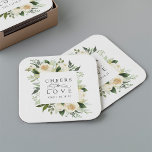 Dessous-de-verre Carré En Papier Mariage de cadre floral en ivoire "Cheval to Love"<br><div class="desc">Notre collection de fleurs d'ivoire à mariage florale présente une verdure d'aquarelle délicatement peinte, des feuilles d'eucalyptus, un feuillage botanique vert et des fleurs de pivoines blanches et d'ivoire. "Cheers to love" apparaît en lettrage classique avec accents de script de calligraphie. Personnalisez ces dessous de verre personnalisés avec vos initiales...</div>