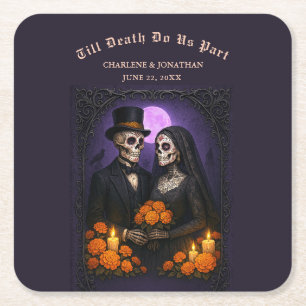 Dessous-de-verre Carré En Papier Mariage de couple de crânes de sucre gothiques