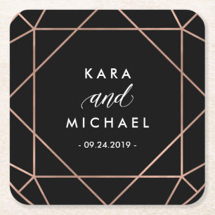 Dessous-de-verre Carré En Papier Mariage de diamant géométrique moderne noir