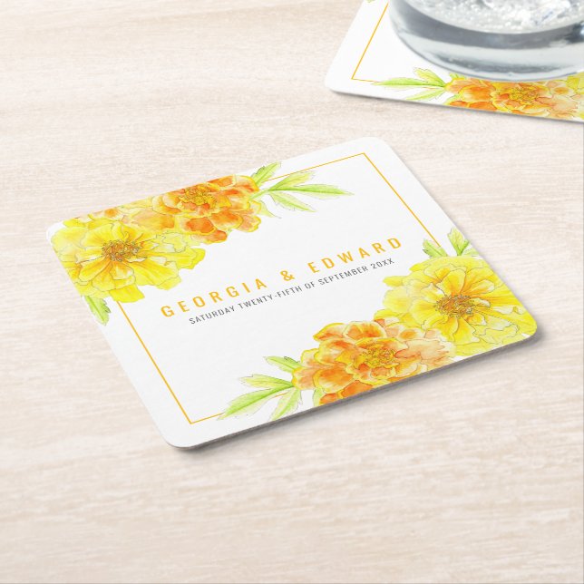 Dessous-de-verre Carré En Papier Mariage de fleurs d'aquarelle jaune marigold (Incliné)