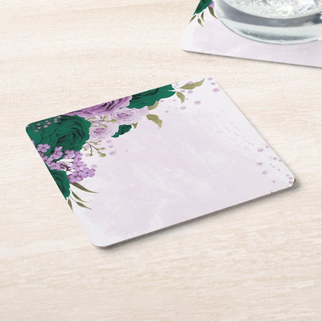 Dessous-de-verre Carré En Papier mariage de fleurs violettes vert émeraude (Incliné)