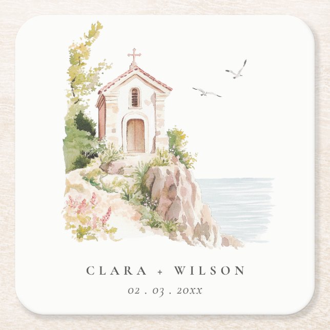 Dessous-de-verre Carré En Papier Mariage de l'église catholique de l'aquarelle côti (Devant)