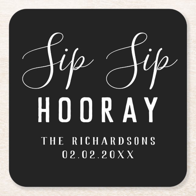 Dessous-de-verre Carré En Papier Mariage de l'élégance de Sip Sip noir personnalisé (Devant)