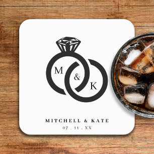 Dessous-de-verre Carré En Papier Mariage de monogramme à anneaux diamant blanc et n
