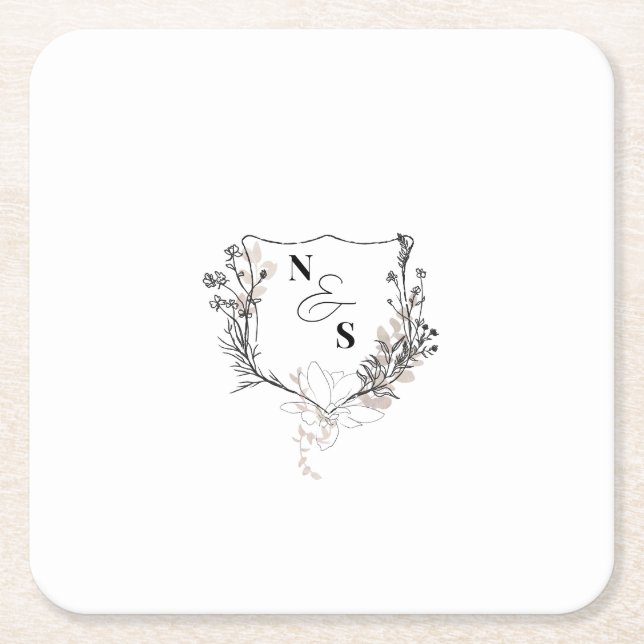 Dessous-de-verre Carré En Papier Mariage de monogramme Formel Noir/Blanc Floral Cre (Devant)